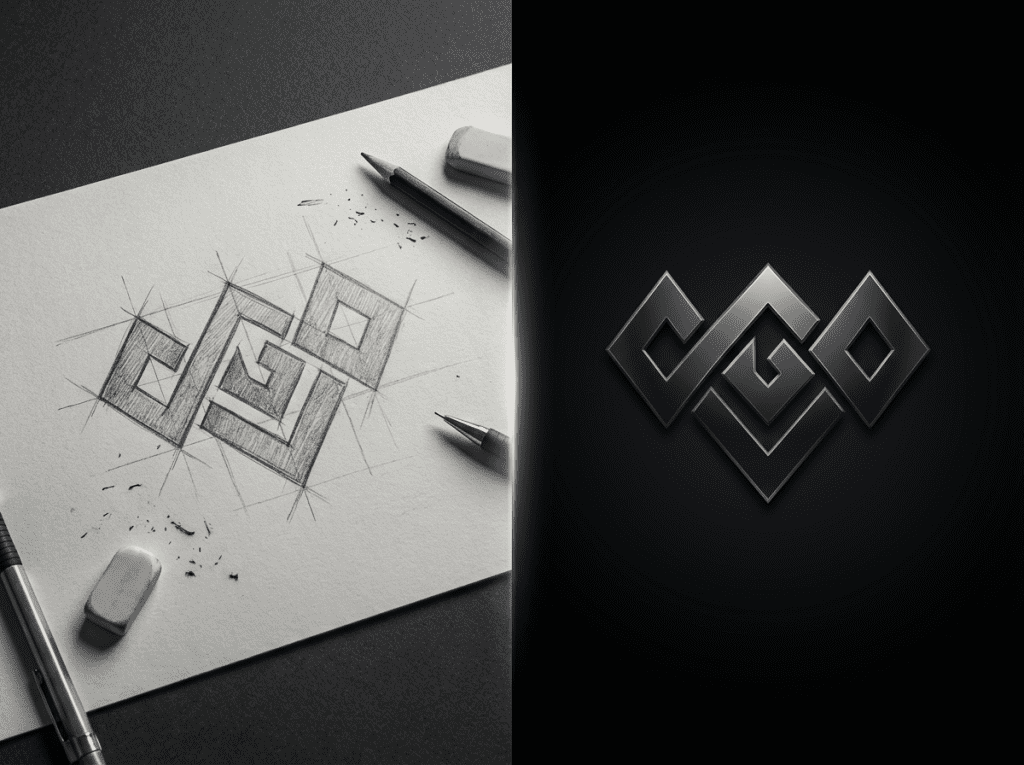 Firefly_Gemini Flash_Split screen showing a sketch on paper transforming into a finished logotype, dark ba 228348